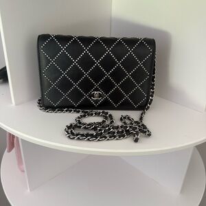 CHANEL Black and Silver Swarovski Wallet on chain